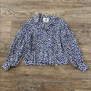 Mii Collection Greta Blue & White Floral Blouse Lightweight Oversized Cotton EUC